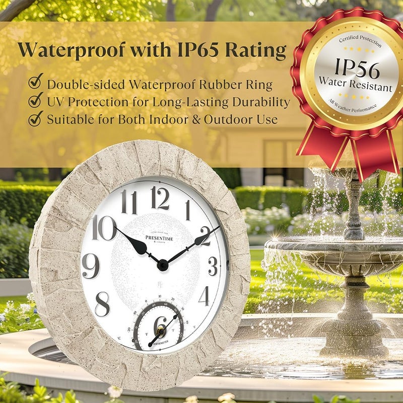 Presentime & Co 14" Illuminated in/Outdoor Clock with Smart Sensor and Night Light, Waterproof, Large Wall Clock with Thermometer & Hygrometer, for Garden and Patio - Coastal Sandstone Finish. - Image 3